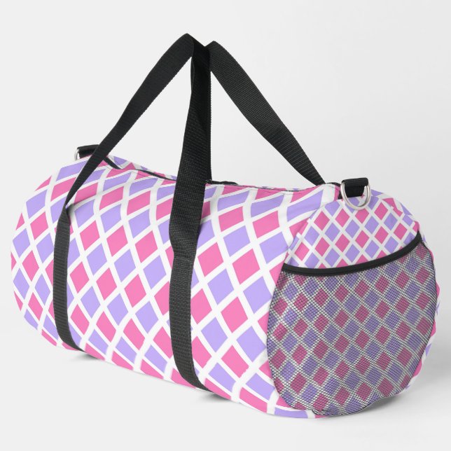 Lila Rosa Schachbrett Diamant Muster groß Duffle Bag (Rechte Ecke)