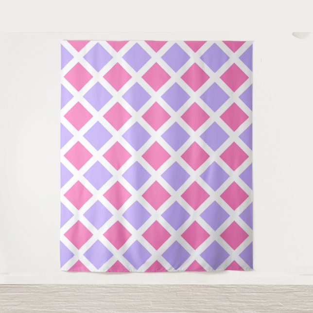 Lila Rosa Schachbrett-Diamant-Muster Wandteppich (Vorderseite)