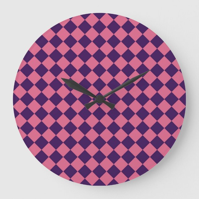 Lila rosa Schachbrett Diamantmuster Große Wanduhr (Vorderseite)