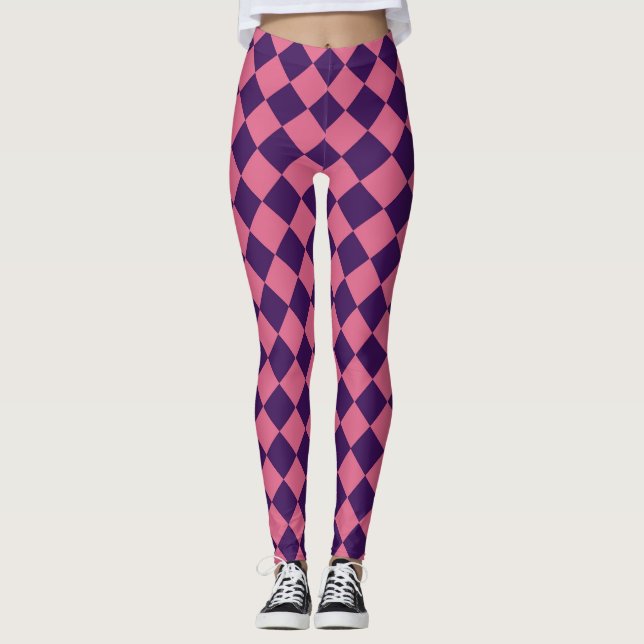 Lila rosa Schachbrett Diamantmuster Leggings (Vorderseite)