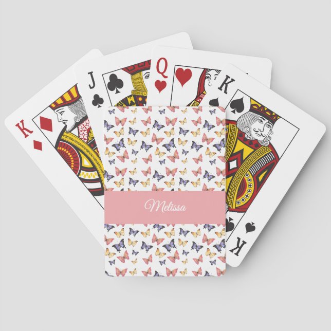 Lila rosa Schmetterlinge Monogramm Name Spielkarten (Rückseite)
