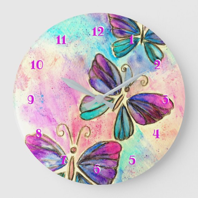 Lila rosa Schmetterlinge Uhr - Wasserfarbe (Vorderseite)