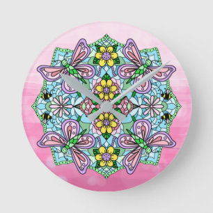 Lila, rosa Schmetterlinge und Blume Mandala Runde Wanduhr