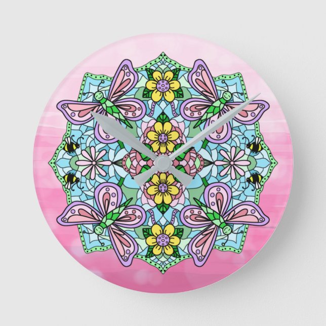 Lila, rosa Schmetterlinge und Blume Mandala Runde Wanduhr (Vorderseite)