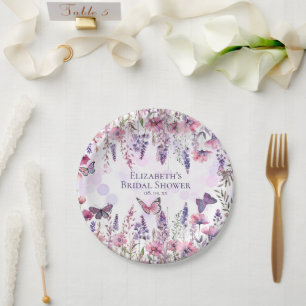 Lila rosa Schmetterlinge und Wildblumen Blumen Pappteller