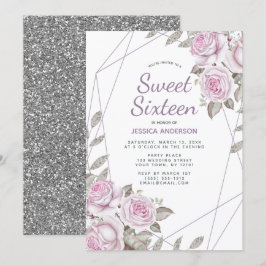 Lila rosa Silver Glitzer Geometric 16 . Geburtstag Einladung