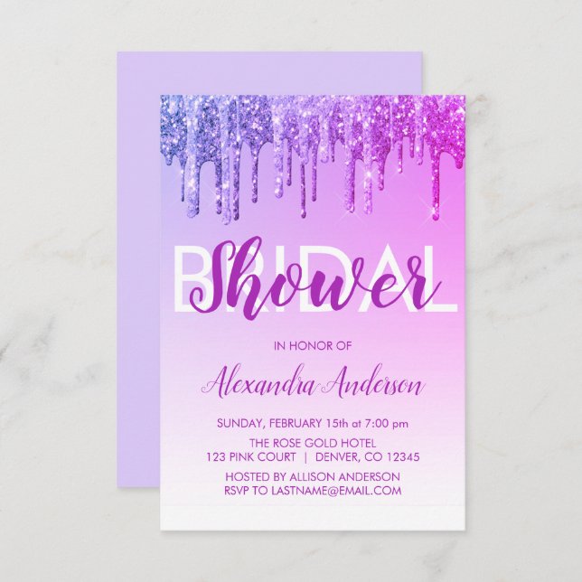 Lila rosa Sparkle Glitzer Brautparty Einladung (Vorne/Hinten)