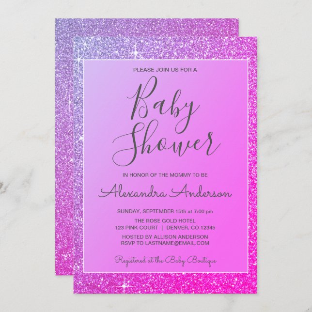 Lila-rosa Sparkle Glitzer Kinderdusche Einladung (Vorne/Hinten)