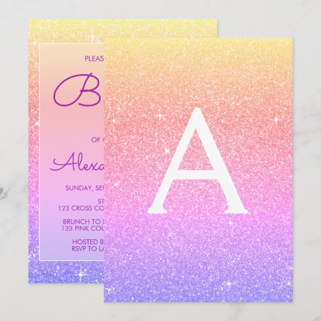 Lila rosa Sparkle Glitzer Taufe Einladung (Vorne/Hinten)