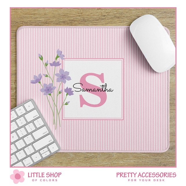 Lila Rosa Streifen Mit Monogramm Mousepad (Von Creator hochgeladen)