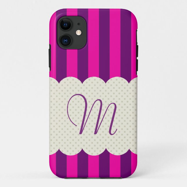 Lila Rosa Stripes Polka-Punkt-Monogramm Case-Mate iPhone Hülle (Rückseite)