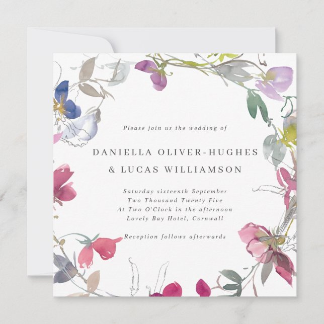 Lila & rosa Sweet Pea Wreath Square Wedding Einladung (Vorderseite)