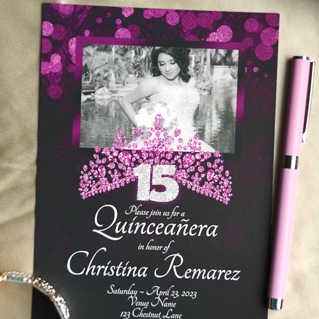 Lila, rosa Tiara Quinceanera Einladung (Pink and purple quinceanera invitation, pink gemstone tiara, glitter silver 15 for mis quince)