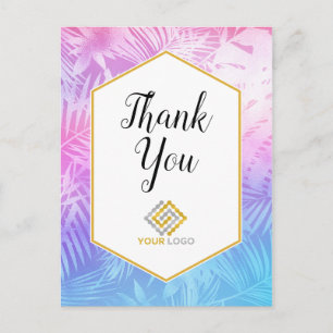 Lila Rosa Tropisches Danke-Logo Geschäft Postkarte