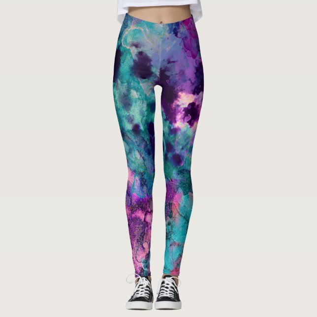Lila rosa türkisfarbene blaue Inky Spritzer Mode Leggings (Vorderseite)