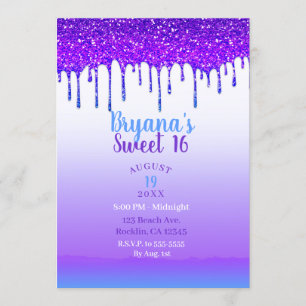 Lila Rosa und Blau Glitter Drip Sweet 16 Party Einladung