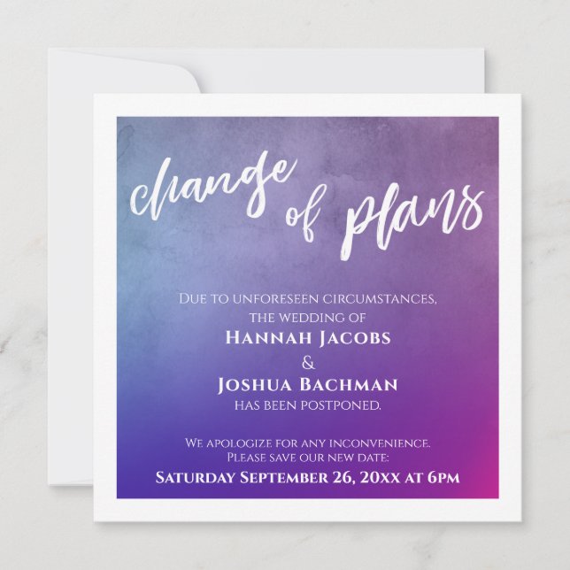 Lila, rosa und blaue Hochzeitsupdate-Karte Einladung (Vorderseite)