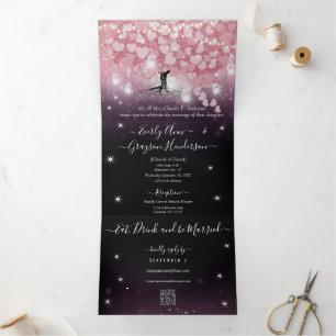 Lila Rosa und Schwarzes Herzblatt Hochzeit Dreifach Gefaltete Einladung