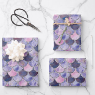 Lila, rosa und silberne Meerjungenskala Geschenkpapier Set