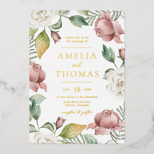 Lila rosa und weiße Rosen Blumenkranz Hochzeit Folieneinladung