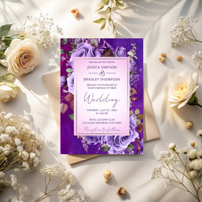 Lila rosa Vintage Rose Einladung (Purple lilac pink vintage roses elegant wedding invitation cards template instant download)