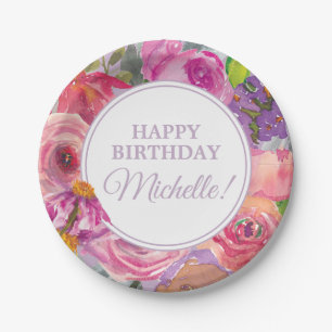 Lila Rosa Wasserfarbe Wildblumen Alles Gute zum Ge Pappteller