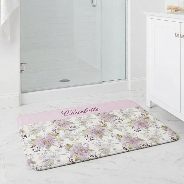 Lila Rosa Wasserfarben-Wildblumen-Monogramm Badematte (Pink Purple Watercolor Wildflowers Monogram Bath Mat)