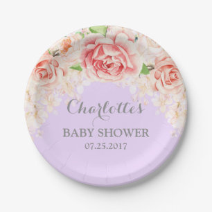 Lila rosa Watercolor-Blumenbaby-Duschen-Platte Pappteller
