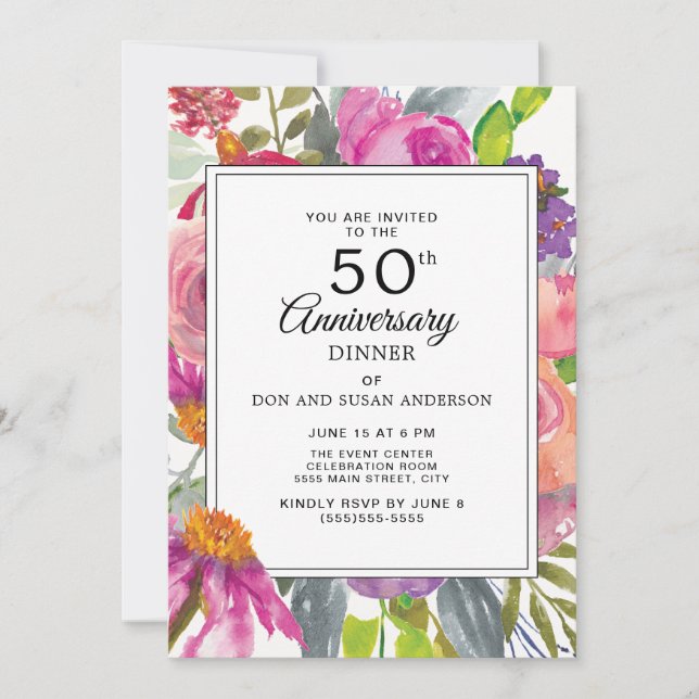 Lila rosa Wildblumen 50. Hochzeitstag Einladung (Vorderseite)