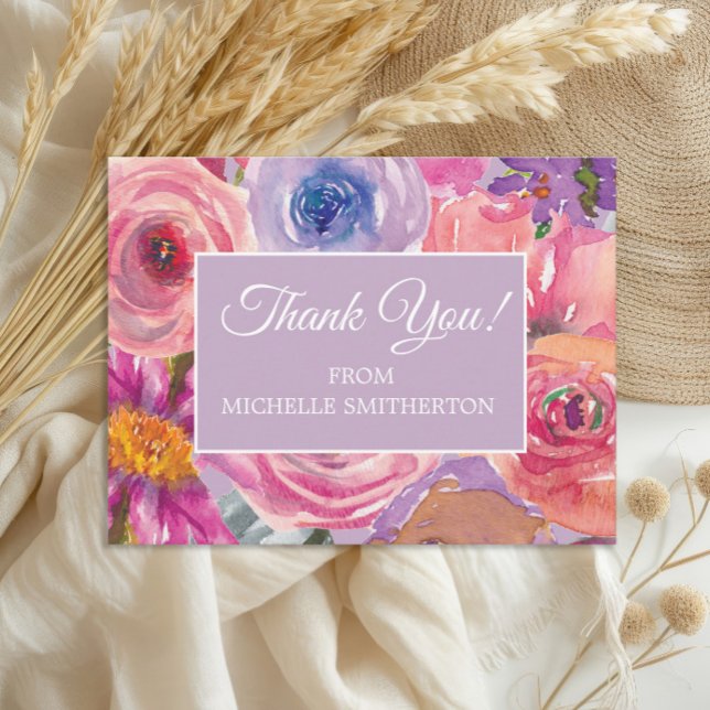 Lila rosa Wildblumen Vielen Dank Postkarte (Elegant purple and pink watercolor wildflowers birthday party thank you postcard)