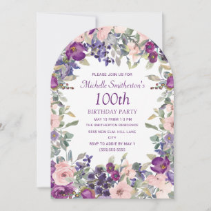 Lila Rosafarbenes Blumenbogen 100. Geburtstag  Einladung