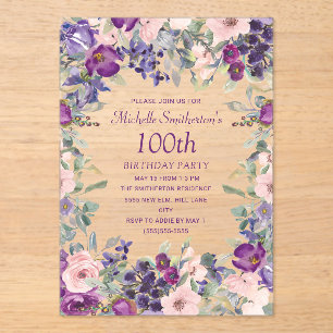 Lila Rosafarbenes Blumenmuster zum 100. Geburtstag Acryleinladungen