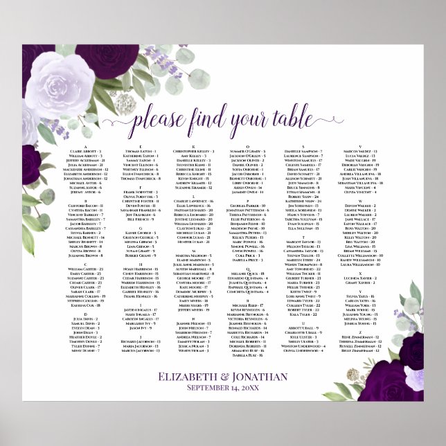 Lila Rose Alphabetische Hochzeitssattelkarte Poster (Vorne)