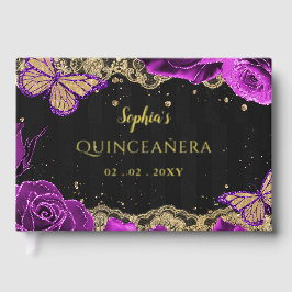 Lila Rose Black Gold Lace Butterfly Quinceñera Gästebuch