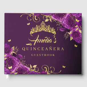 Lila Rose Blumenwirbel Quinceanera Gold Gästebuch