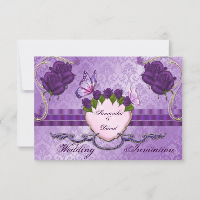 Lila Rose Damask Hochzeitskarte Einladung (Vorderseite)