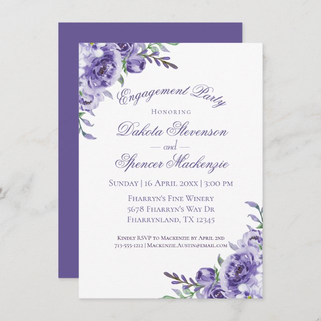 Lila Rose | Elegante Watercolor Boho Verlobung Einladung (Vorne/Hinten)