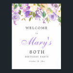 Lila Rose Floral 80. Geburtstag Begrüßungszeichen Poster<br><div class="desc">Herzlich willkommen auf Ihrer 80. Geburtstagsfeier mit dieser lila Rose und dem Grün des Willkommenszeichens. Es koordiniert mit der rustikalen Lila floralen Botanischen 80. Geburtstagssammlung.</div>