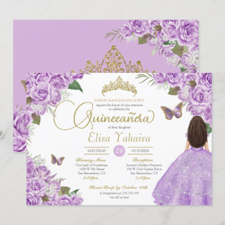 Lila Rose Floral Gold Tiara Butterfly Quince Einladung
