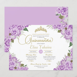 Lila Rose Floral Gold Tiara Quinceanera Einladung