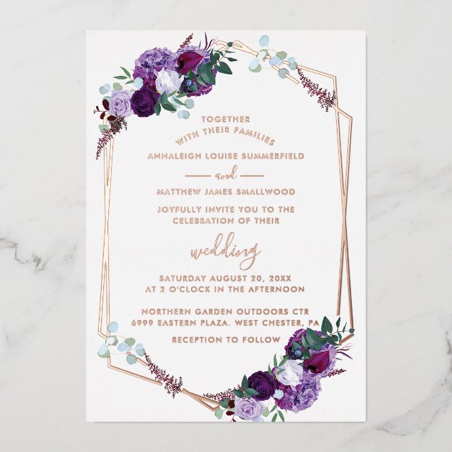 Lila Rose für Blumenschrift Geometric Wedding Folieneinladung (Vorderseite)