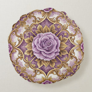 Lila Rose & Gold Barock Elegant Vintage Floral Rundes Kissen