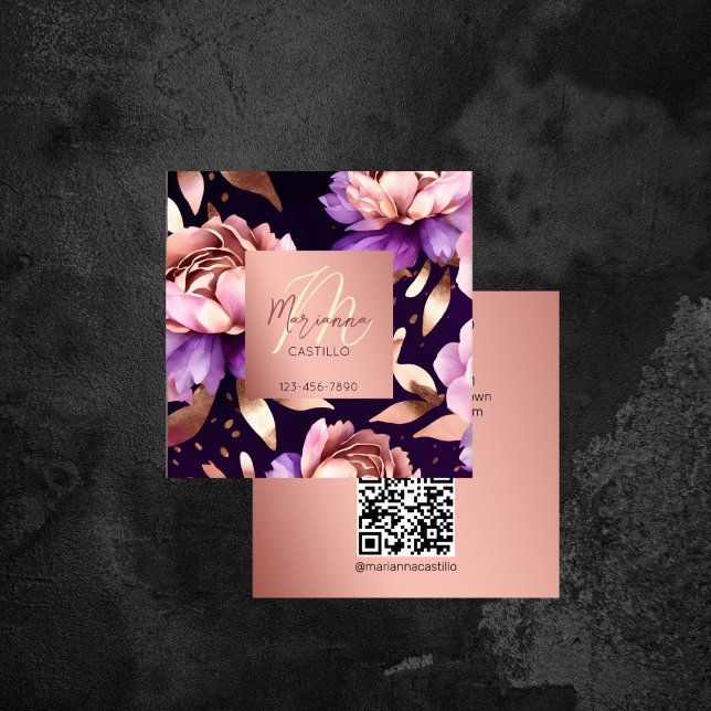 Lila Rose Gold Blume schicke moderne Vorlage Quadratische Visitenkarte (Purple rose gold flowers chic modern template square business card makeup artist hair stylist )