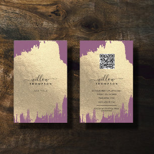 Lila Rose Gold Foil Pinselstriche QR Code Visitenkarte