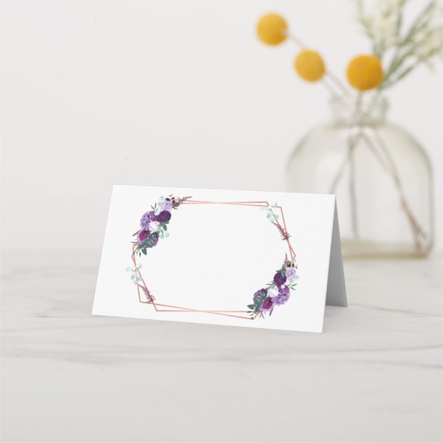 Lila Rose Gold Geometric Frame Wedding Platzkarte (Vorderseite)