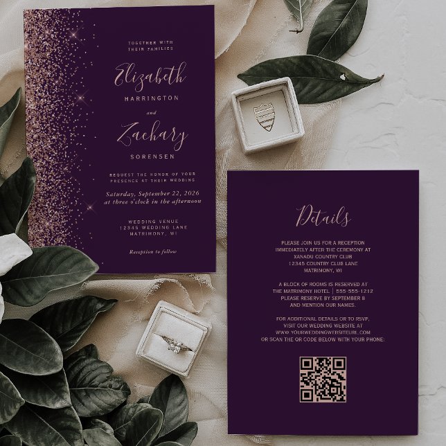 Lila Rose Gold Glitzer Edge QR Code Hochzeit Einladung (Von Creator hochgeladen)