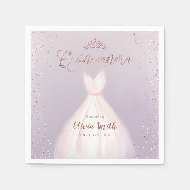 Lila Rose Gold Glitzer mit Kleid quinceañera Serviette (Vorderseite)