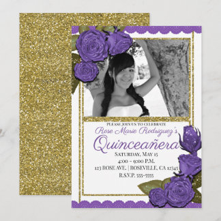 Lila Rose Gold Glitzer Quinceñera Geburtstag Einladung