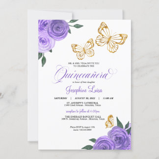 Lila Rose Golden Butterfly Quinceñera Geburtstag Einladung