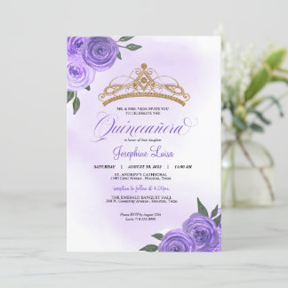 Lila Rose Golden Tiara Quinceñera Geburtstag Einladung